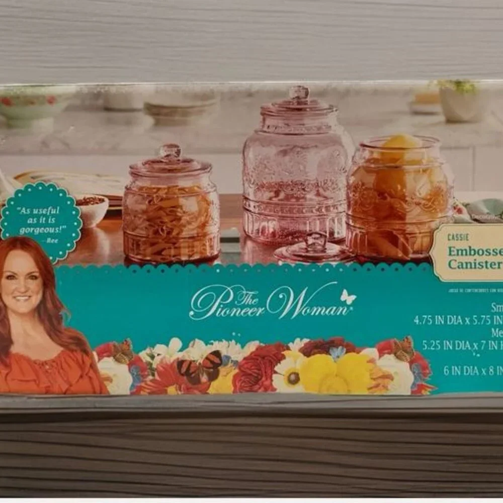 NEW The Pioneer Woman CASSIE Set of 3 Embossed Rose Glass Storage Canister Set